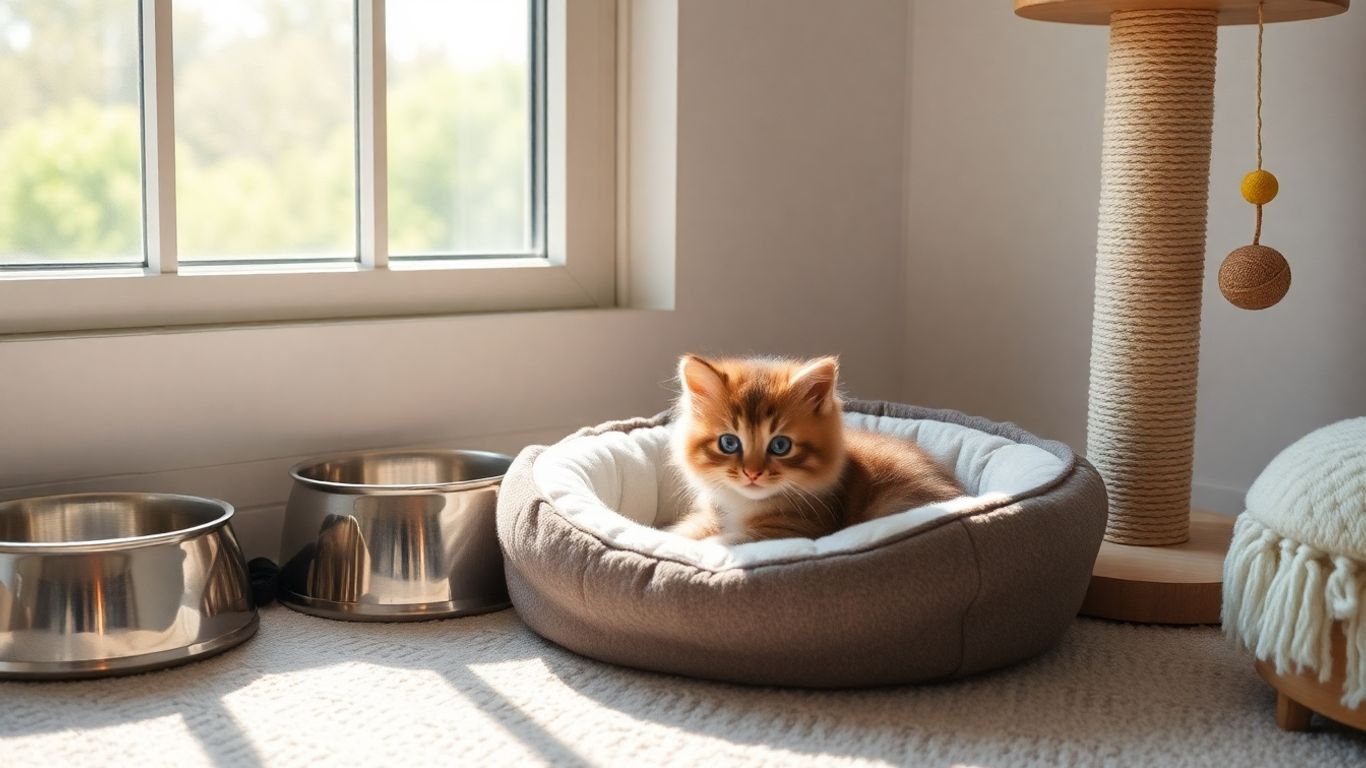 Kitten with new cat supplies in a cozy setting.