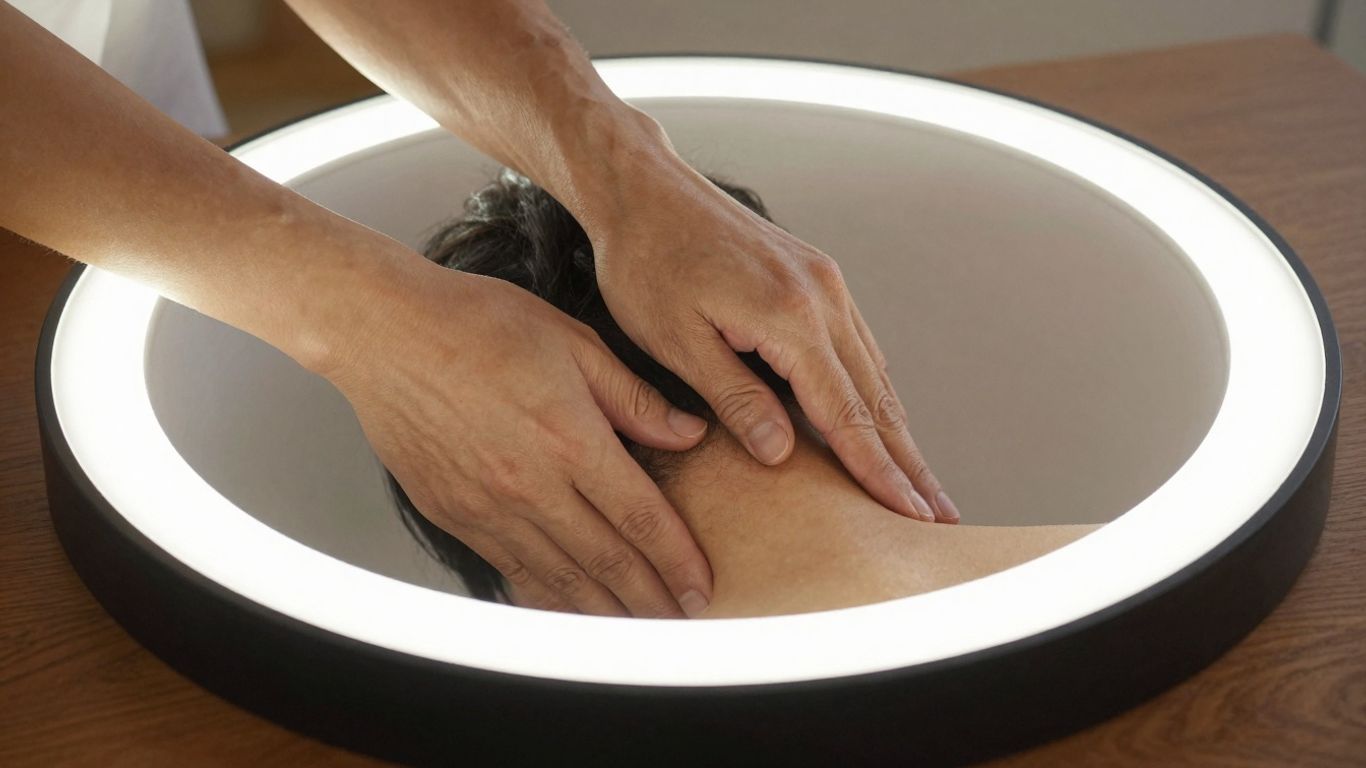 Person receiving neck massage and stretching for pain relief.