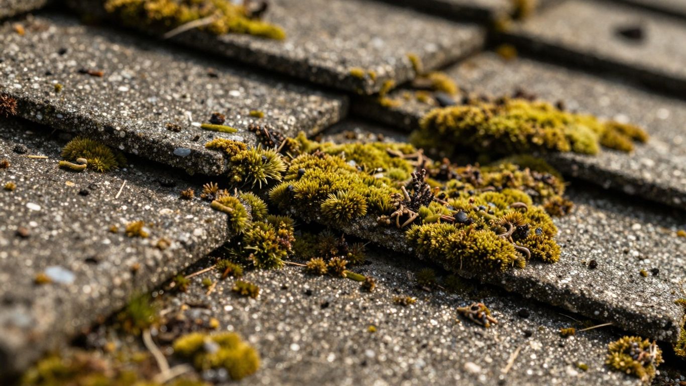 Roof shingle with moss and algae growth.