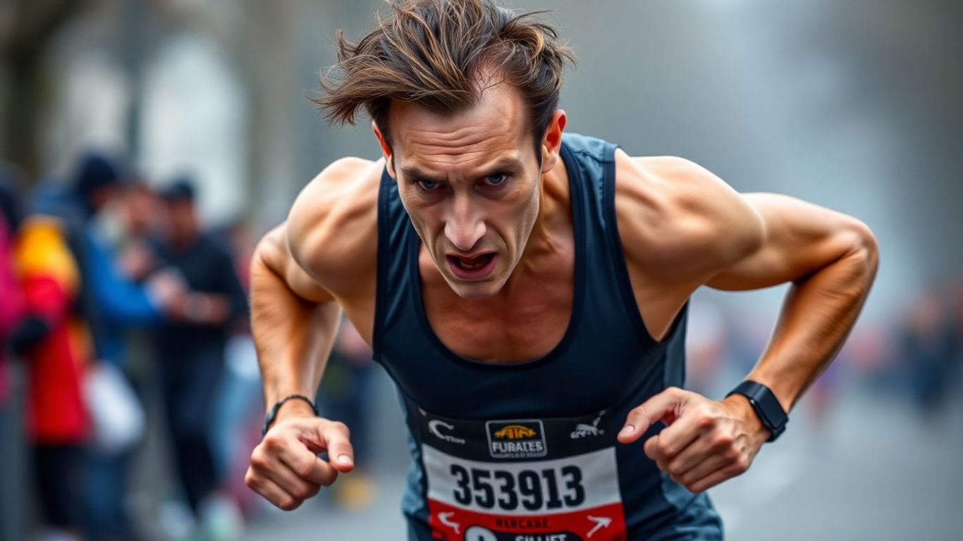 Marathon runner straining in final kilometers of race.