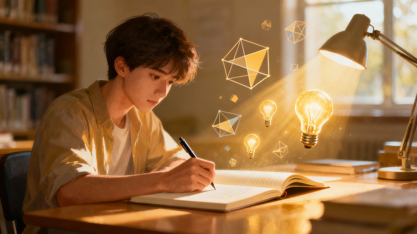 Person actively taking notes, surrounded by ideas.