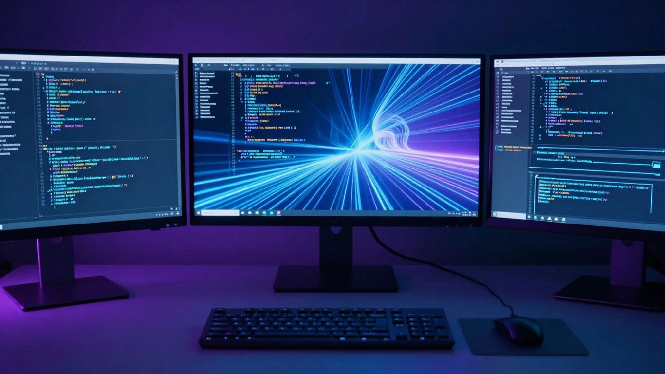 Computer setup with multiple monitors and glowing code.