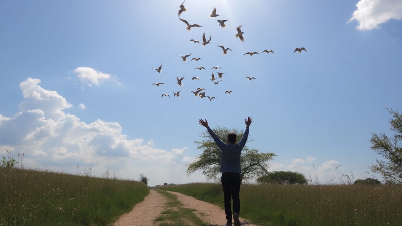 Person releasing birds into a peaceful sky.