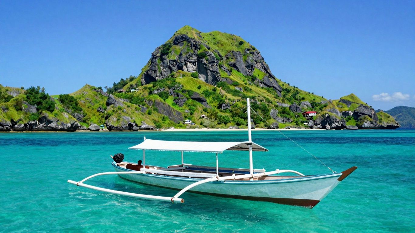 Komodo boat sailing turquoise waters near green islands.