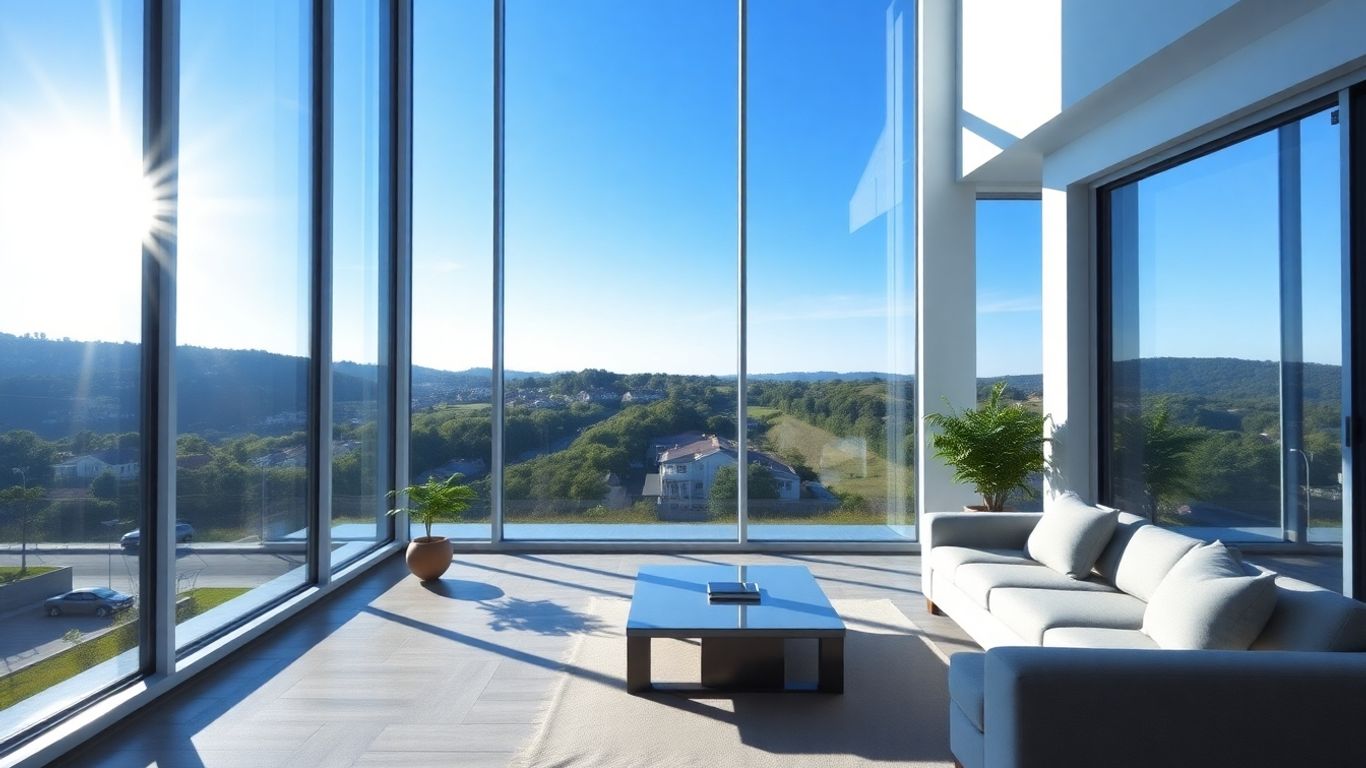 Modern living room with large, clear windows reflecting the sky.