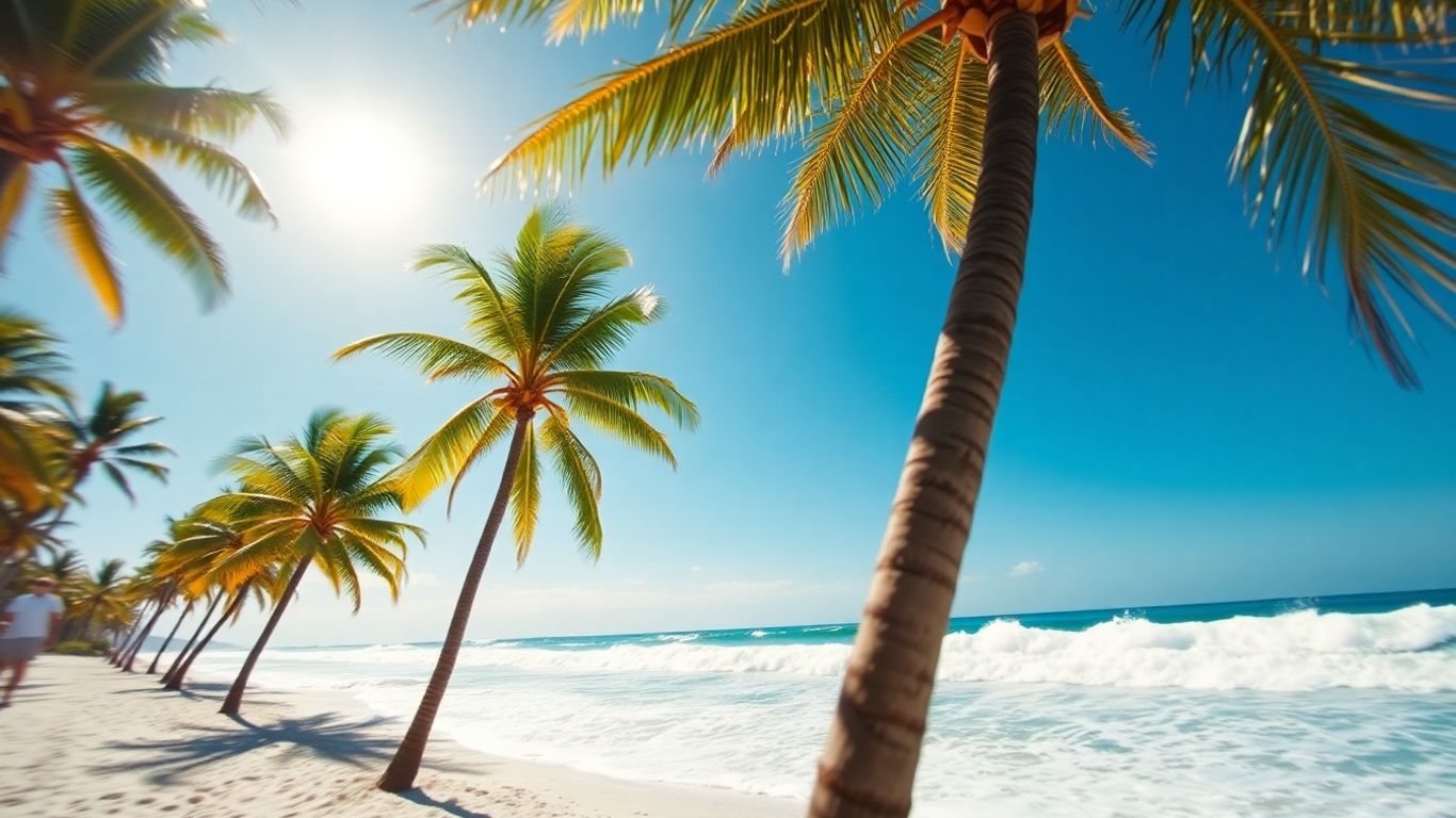 Sunny beach with palm trees and ocean waves.