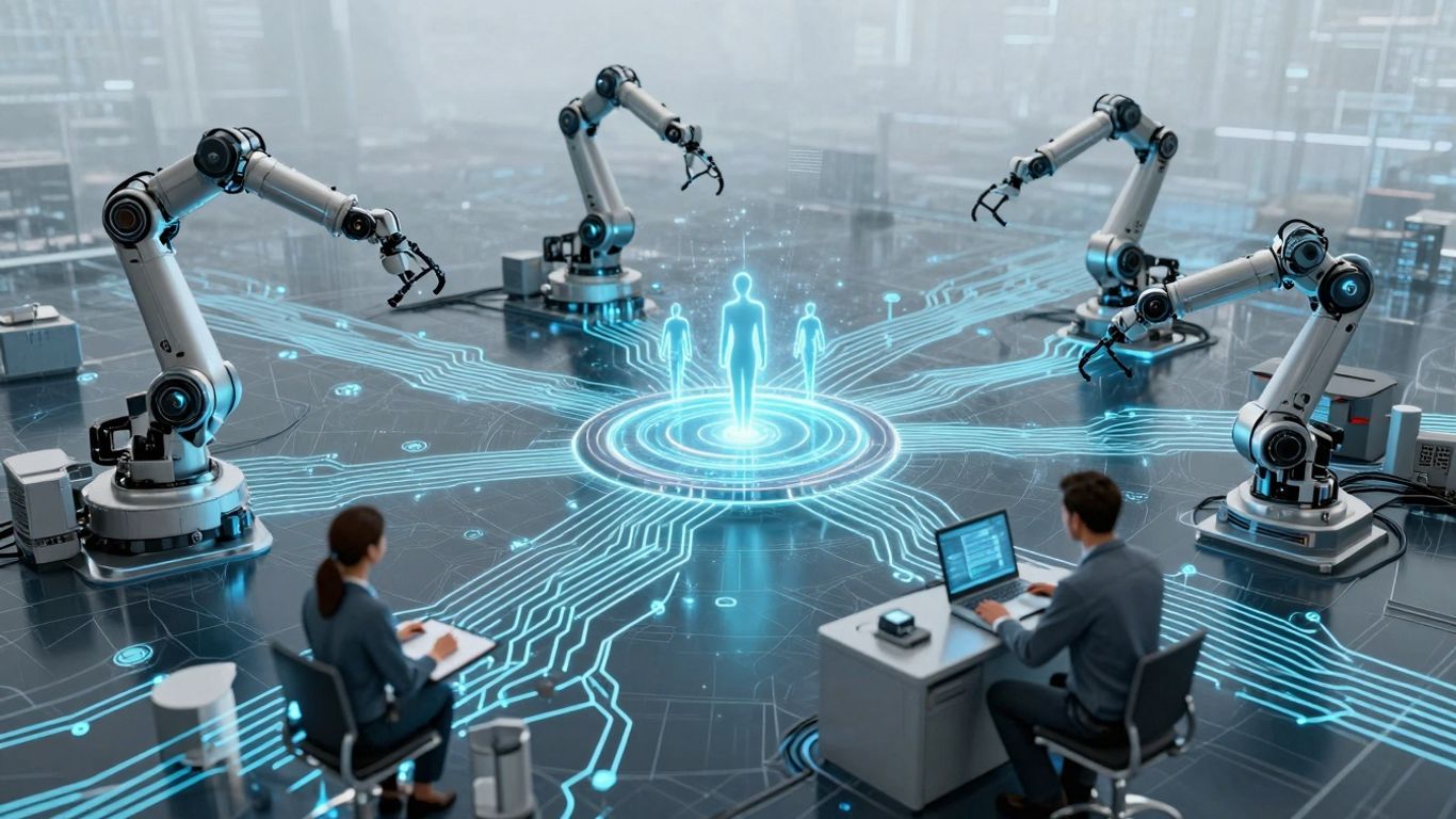 AI automation jobs infographic with circuits and robots.