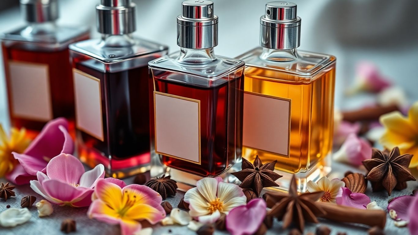 Perfume bottles with floral petals and spices.
