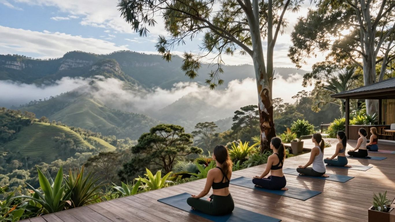 Yoga retreat in misty Blue Mountains valley.