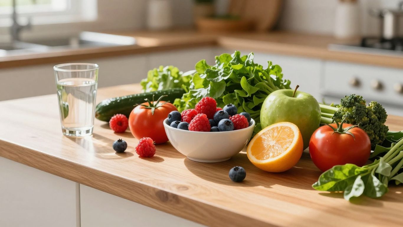 Fructe proaspete și legume pe un blat de bucătărie.