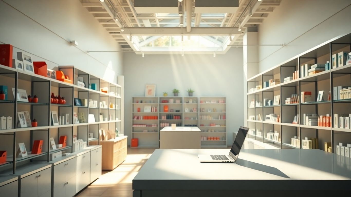 Modern online shop interior with products and sunlight.