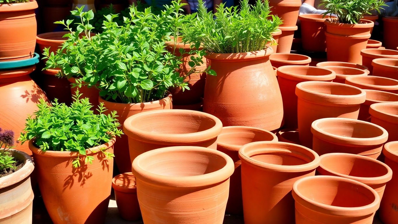 Vasos de barro em diferentes tamanhos e plantas.