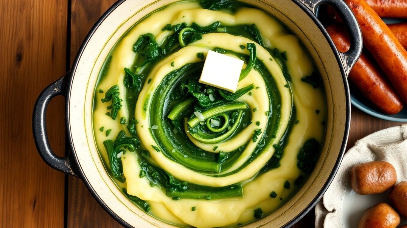 Steaming pot of Dutch stamppot with kale and sausage.