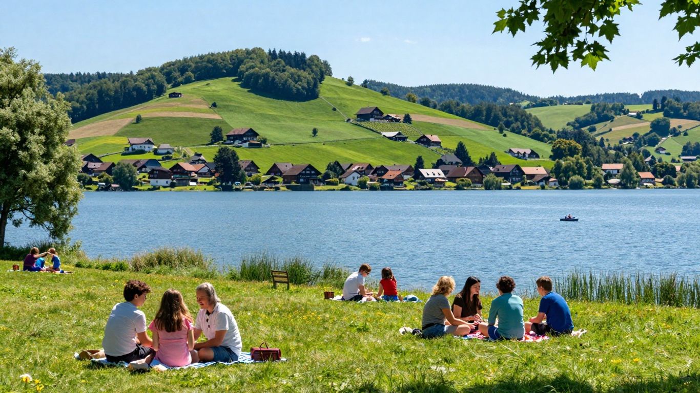 Sommerurlaub in Nordrhein-Westfalen mit grünen Hügeln und See.