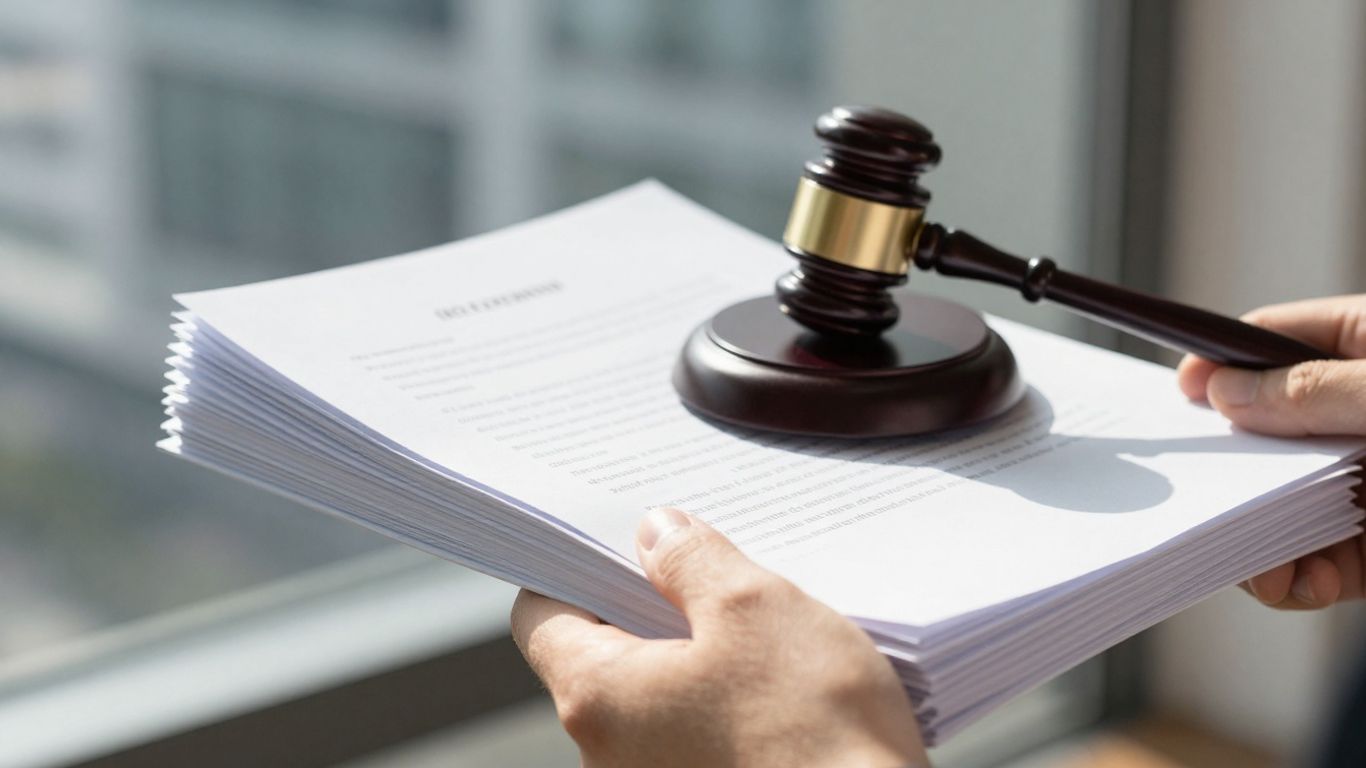 Legal documents and a gavel on a desk.