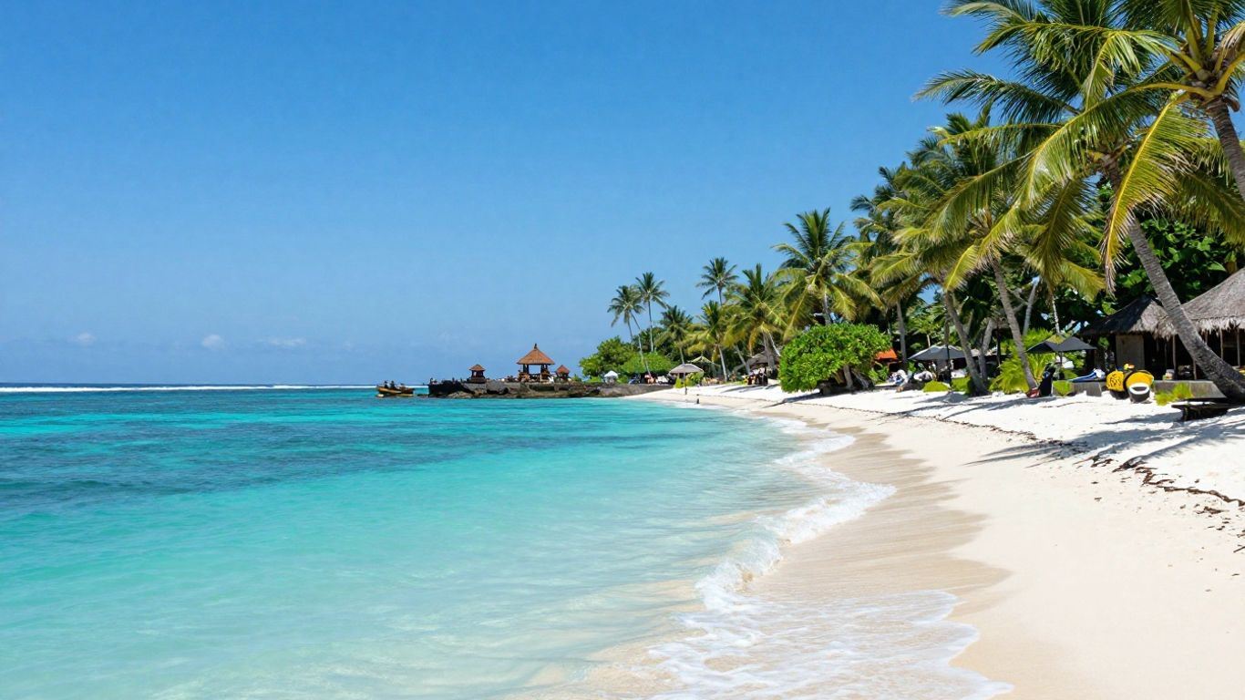 Beautiful Bali beach with palm trees and turquoise water.