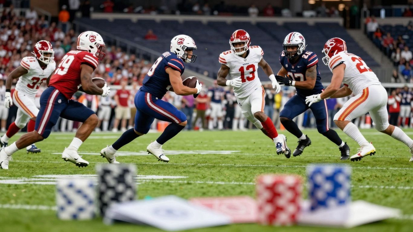 Football game action with betting elements.