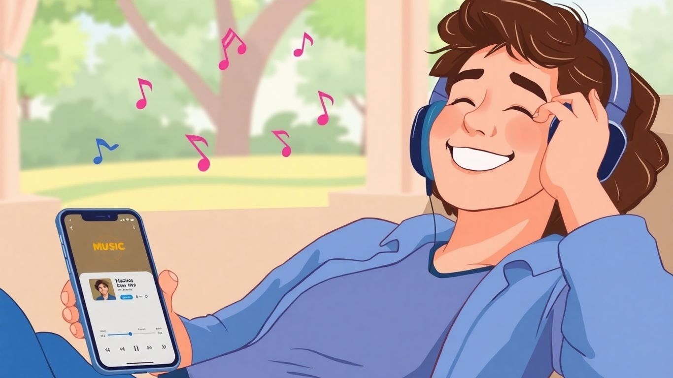 Person listening to music on phone, earning money.