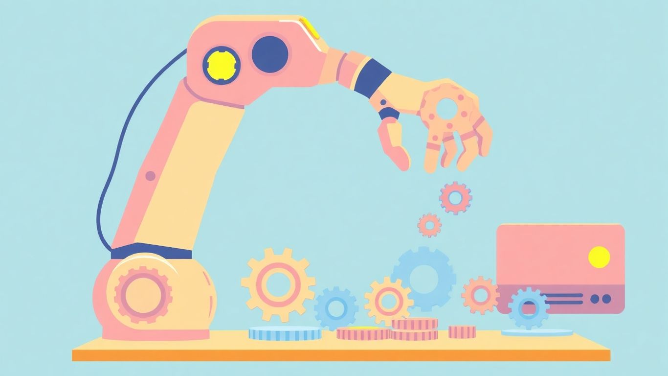 Robot arm organizing digital gears, modern tech illustration.