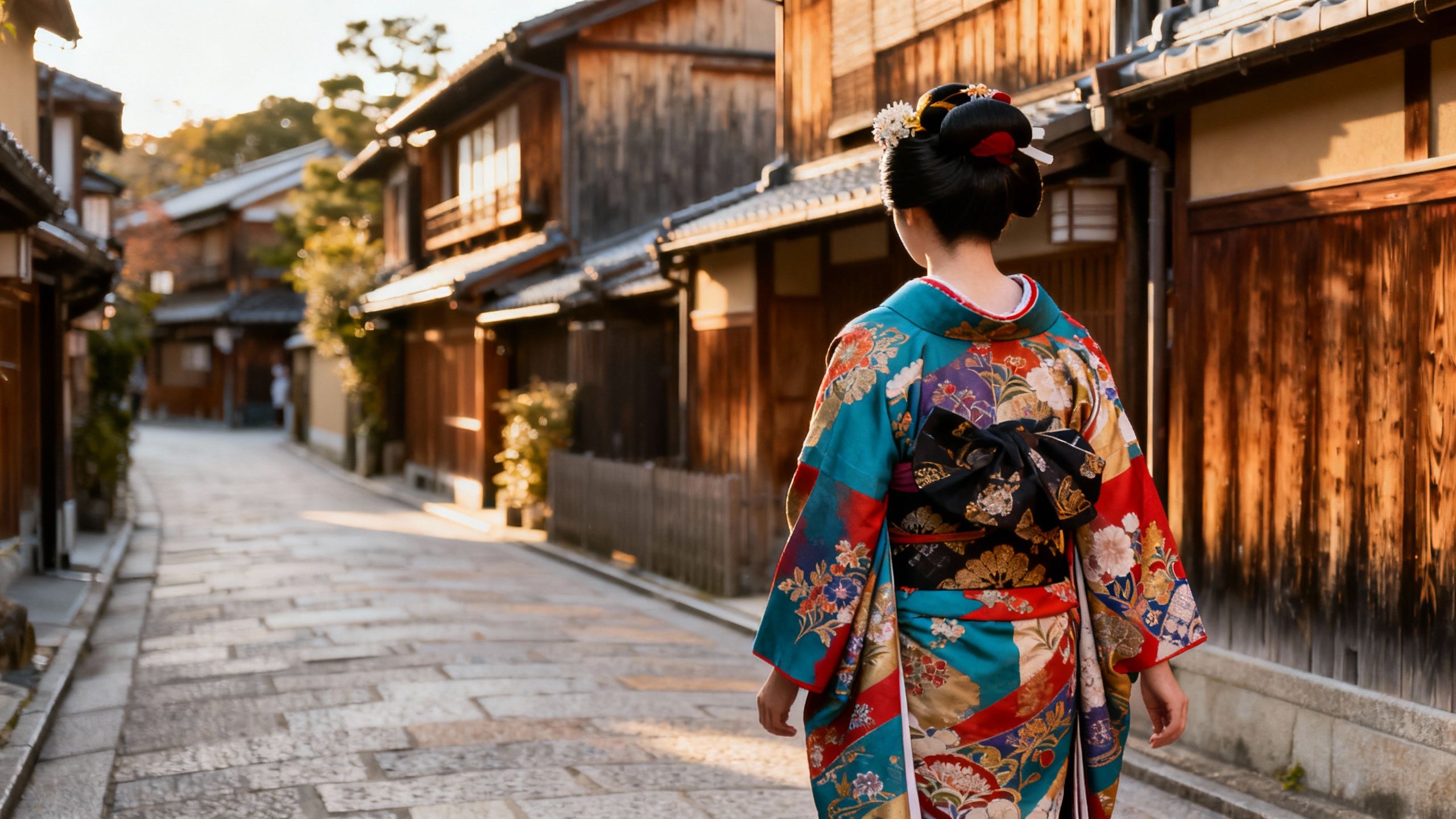 Geisha walking down a traditional Japanese street.