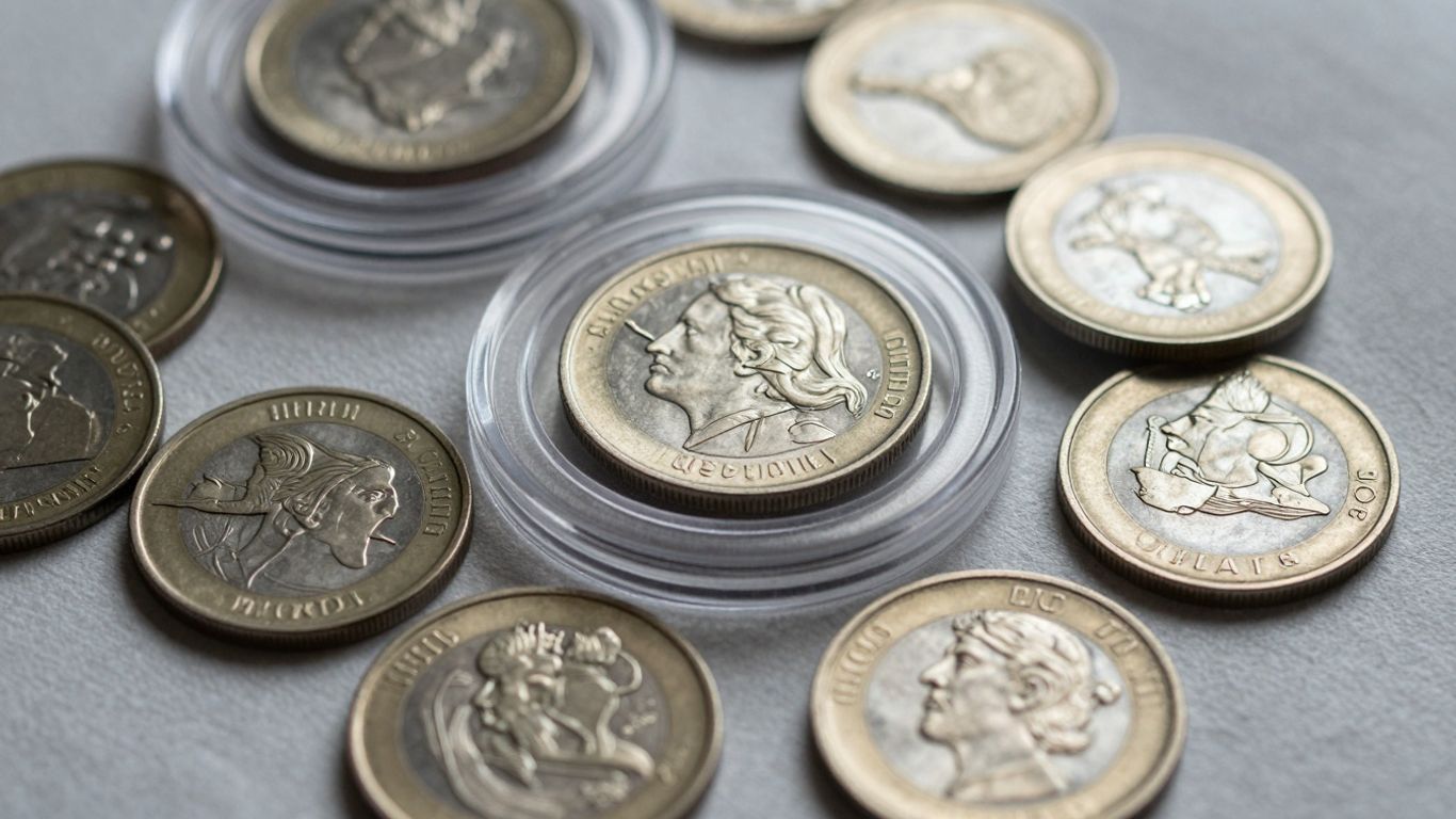 Shiny coins in protective holders and soft fabric.