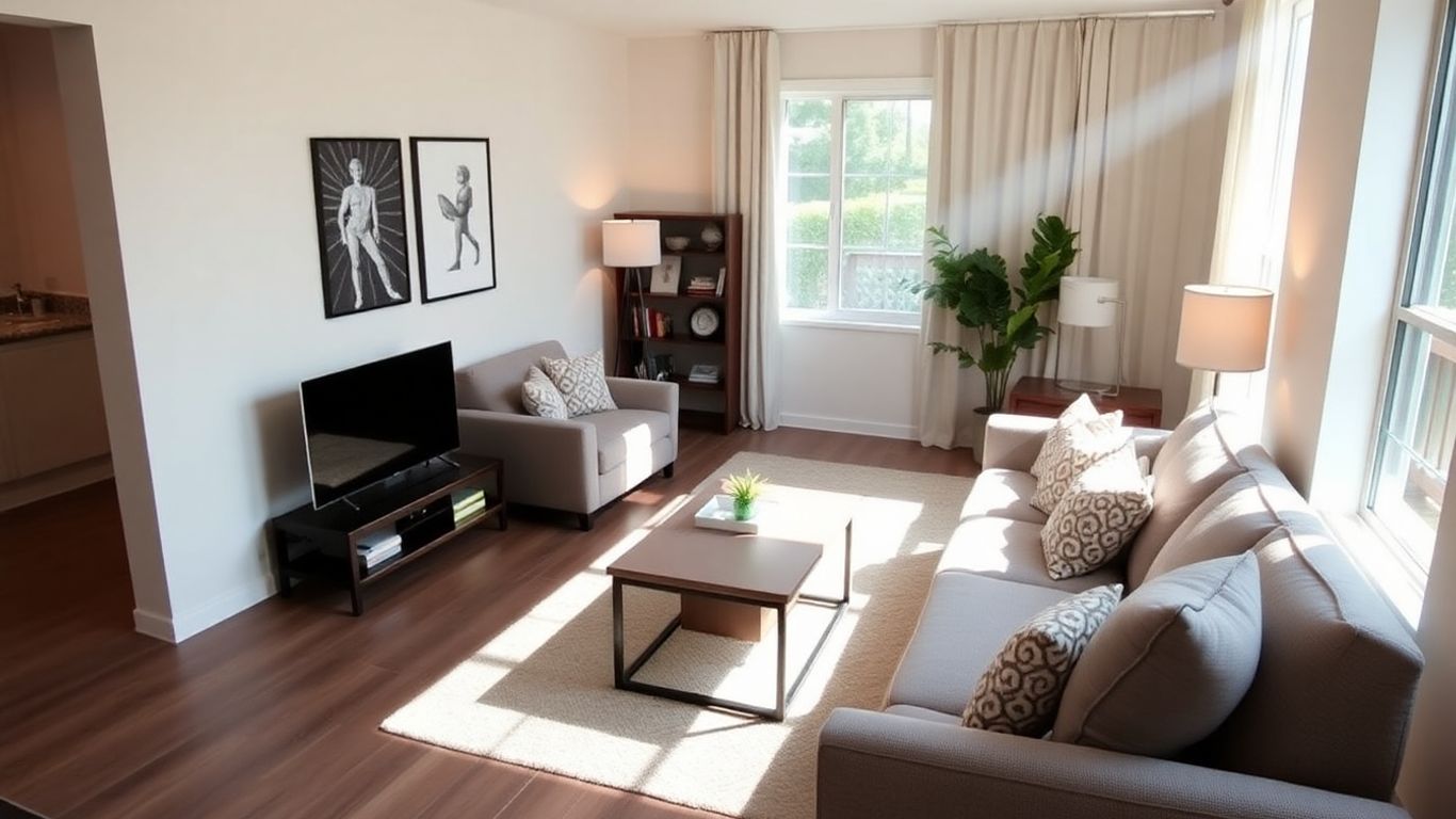 Cozy, well-decorated living room for an Airbnb.