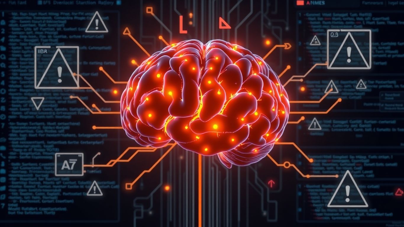 AI model generating insecure code with warning symbols.