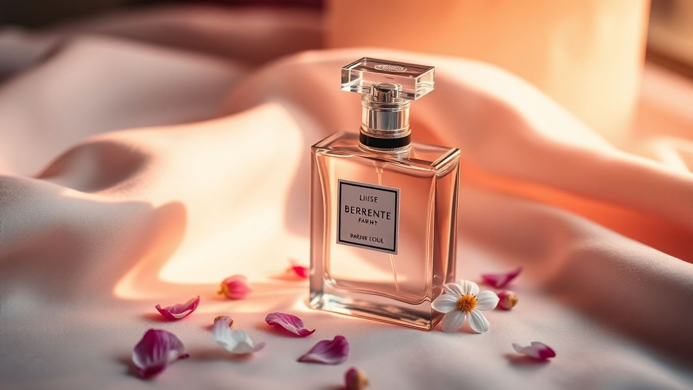 Elegant perfume bottle surrounded by scattered flower petals.