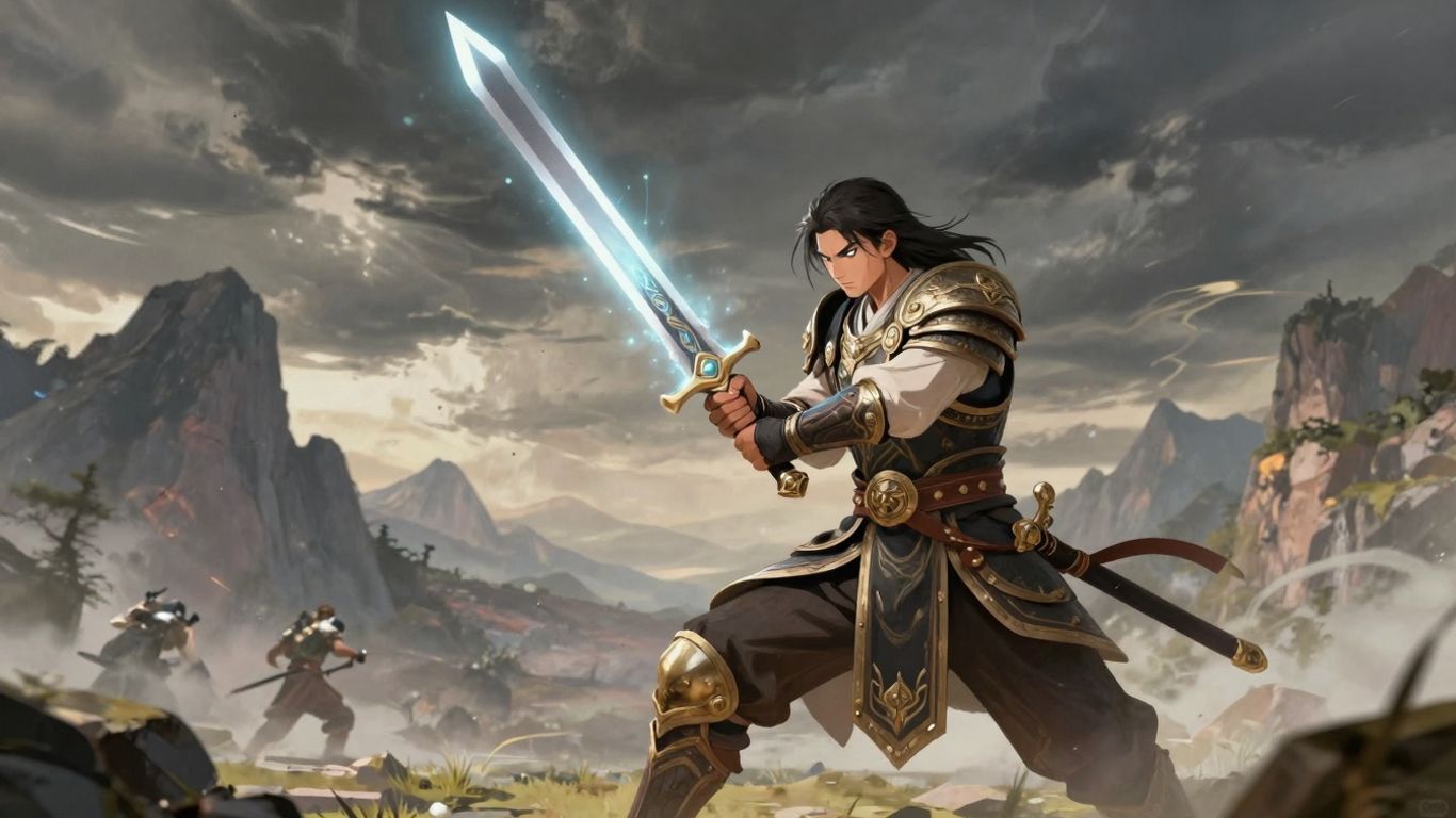 Warrior with glowing sword in epic landscape.