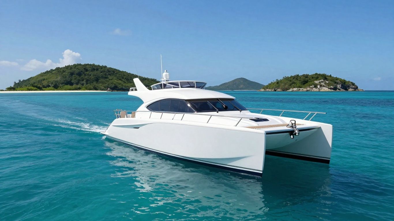 Luxury power catamaran sailing in the British Virgin Islands.