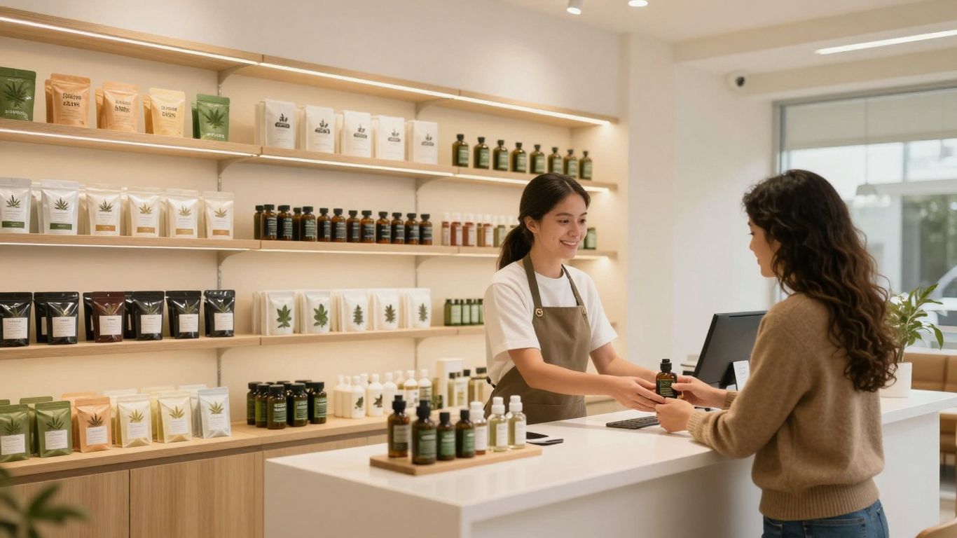 Modern dispensary interior with products and staff.