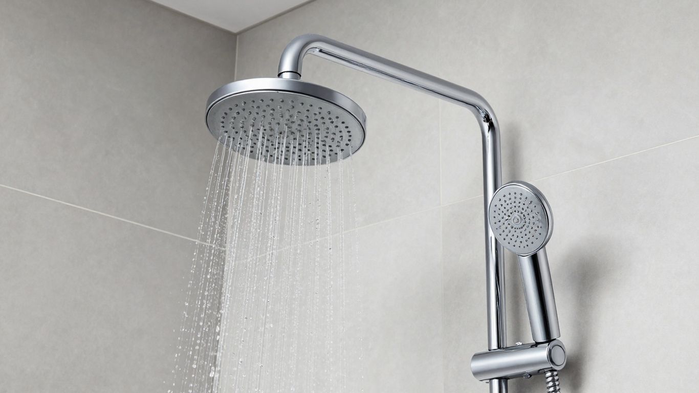 Modern bathroom shower set with rainfall showerhead.