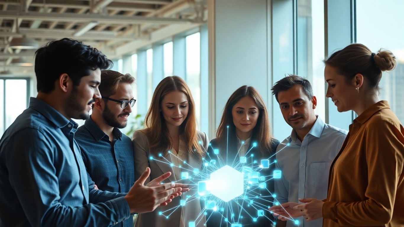 Professionals interacting with a holographic blockchain network.