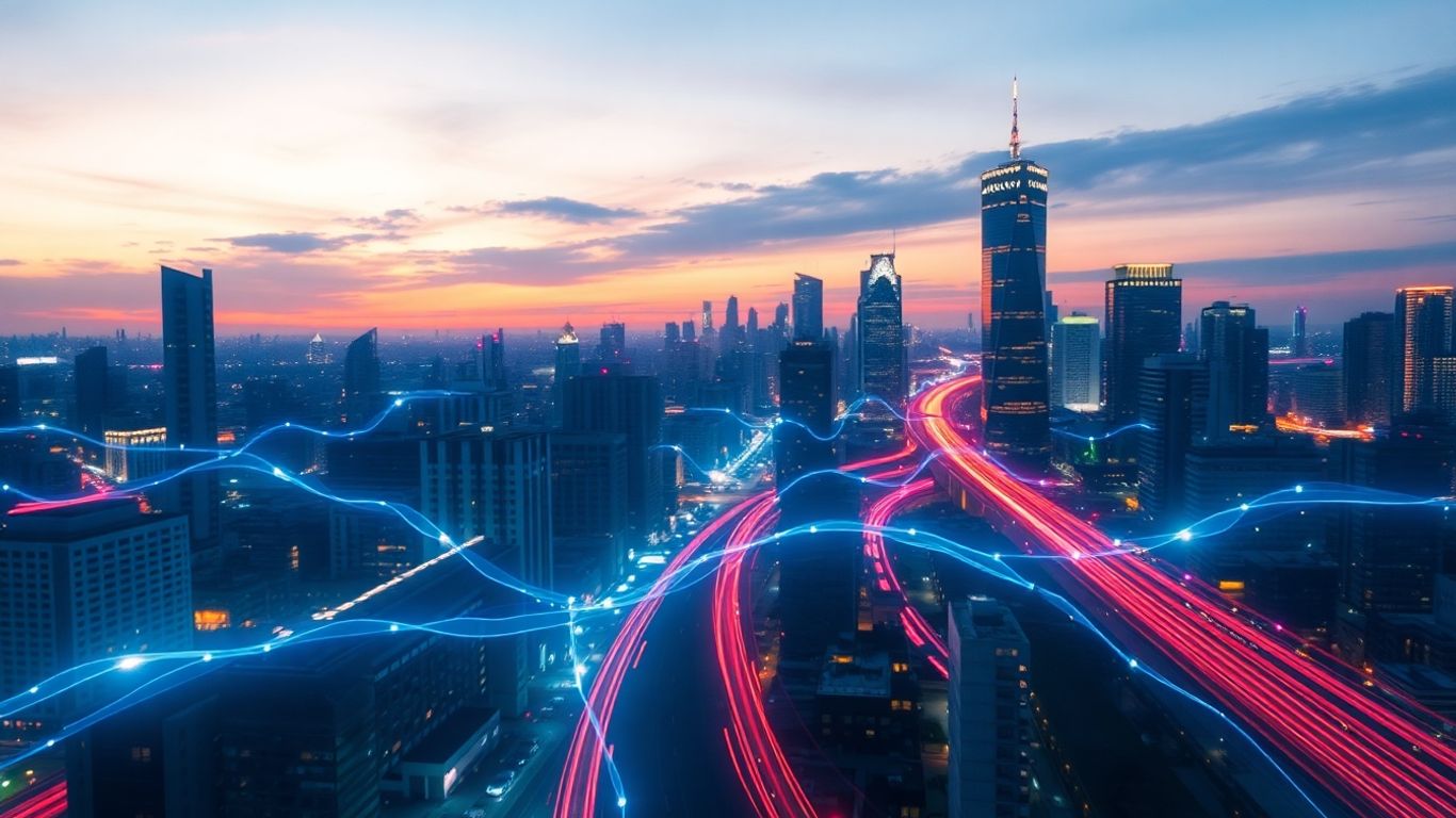 Digital streams connecting a glowing cityscape at dusk.