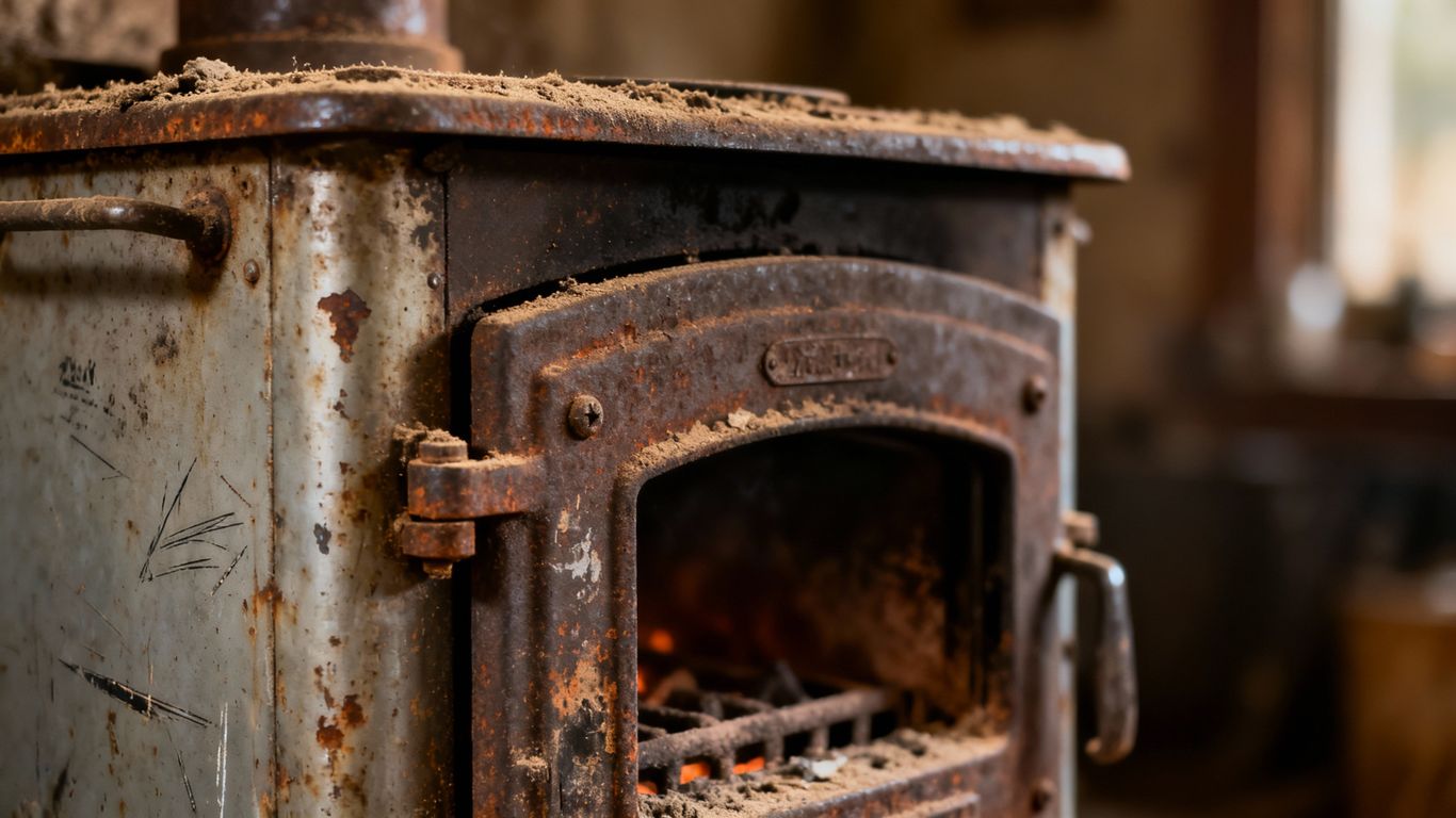 Old, worn furnace ready for replacement.