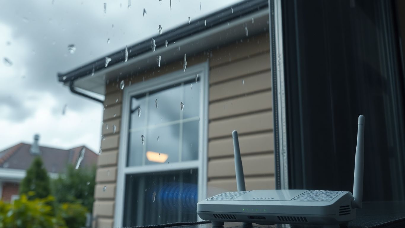 Chuva forte e modem de internet perto da janela