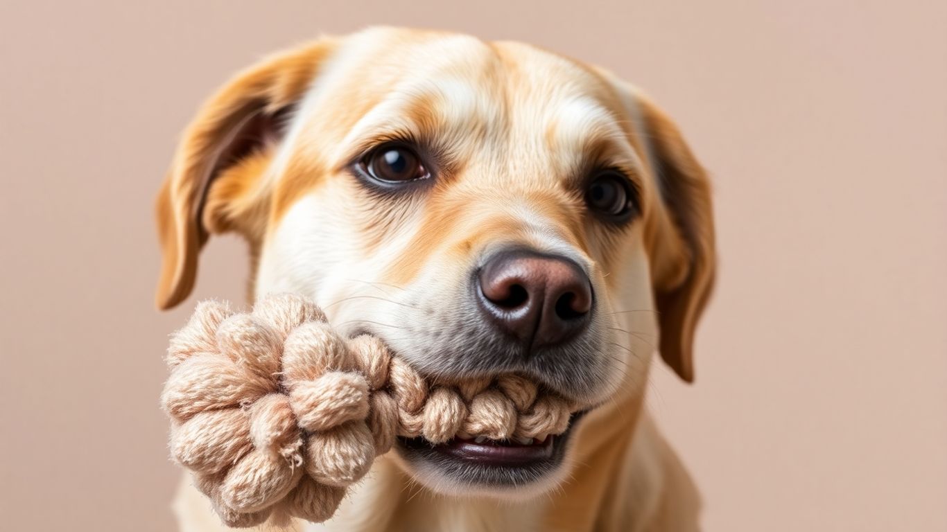 Senior dog gently playing with a soft tug toy.
