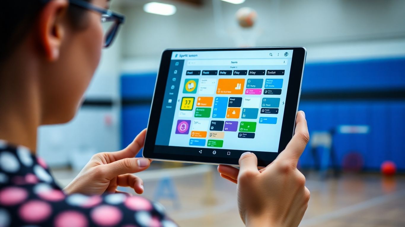 Lehrer plant Sportunterricht digital am Tablet.