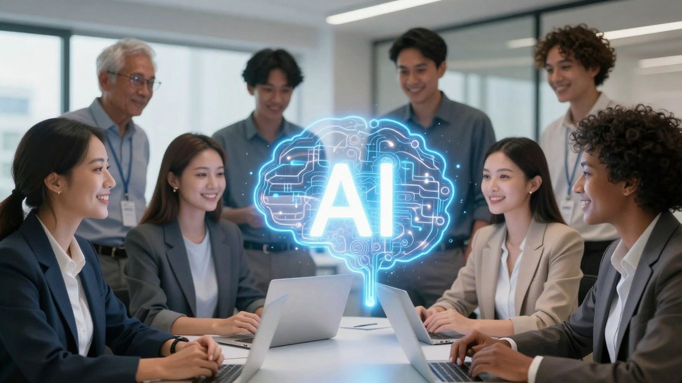 People working together with a glowing AI concept.