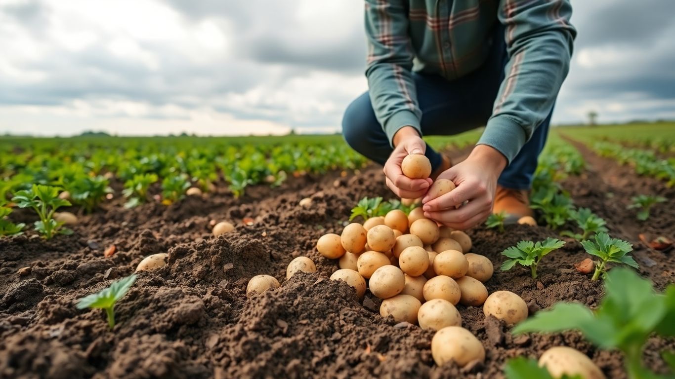 Boer inspecteert biologische aardappelen op Fries veld