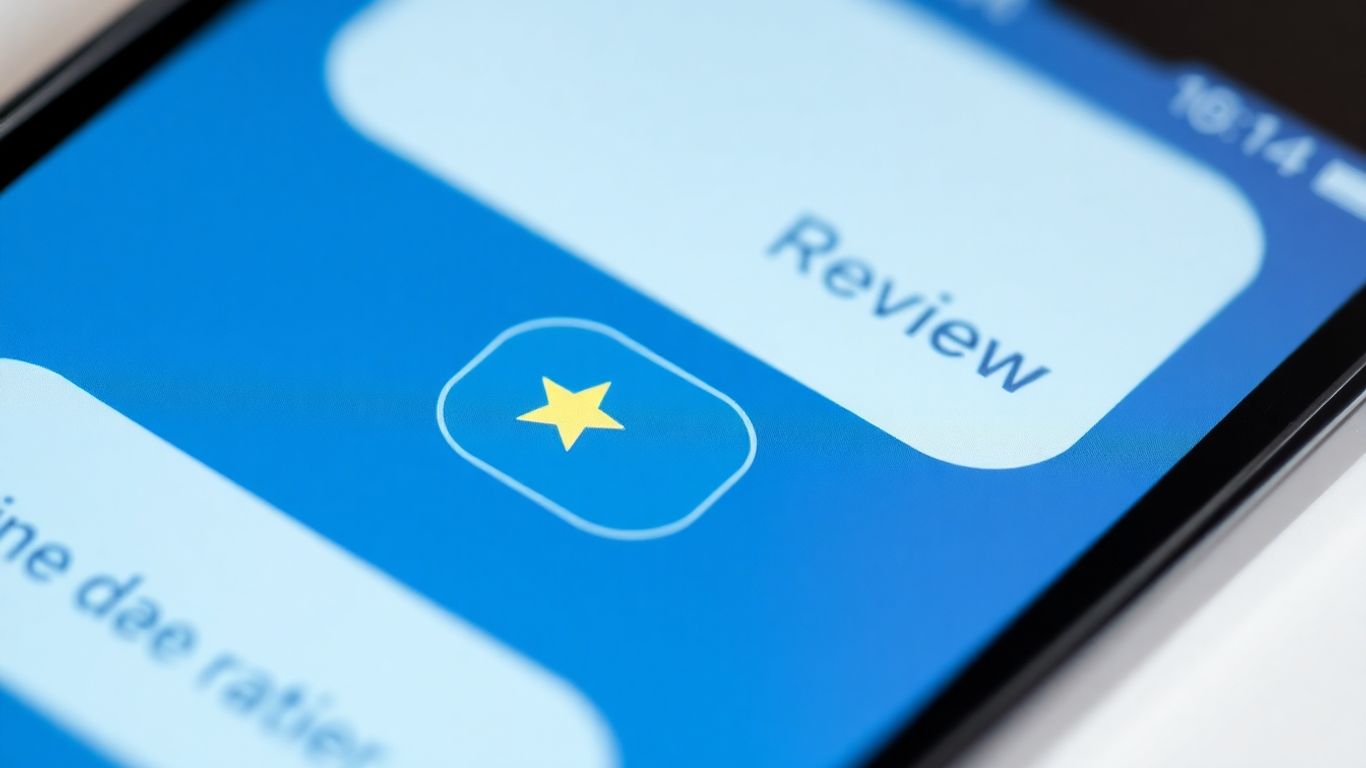 Ultimate SMS Reviews-Smartphone screen with SMS review conversation and star rating.