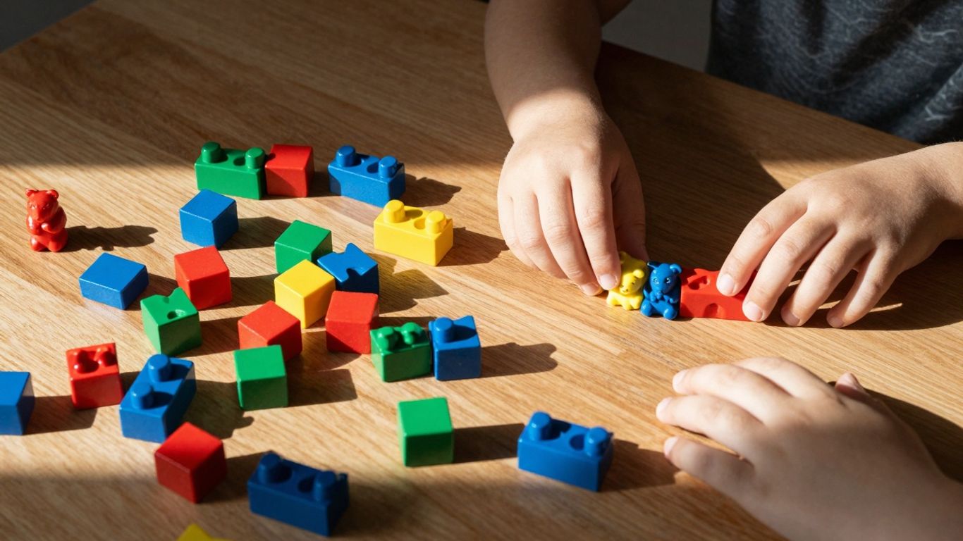 Preschool math manipulatives on a table.
