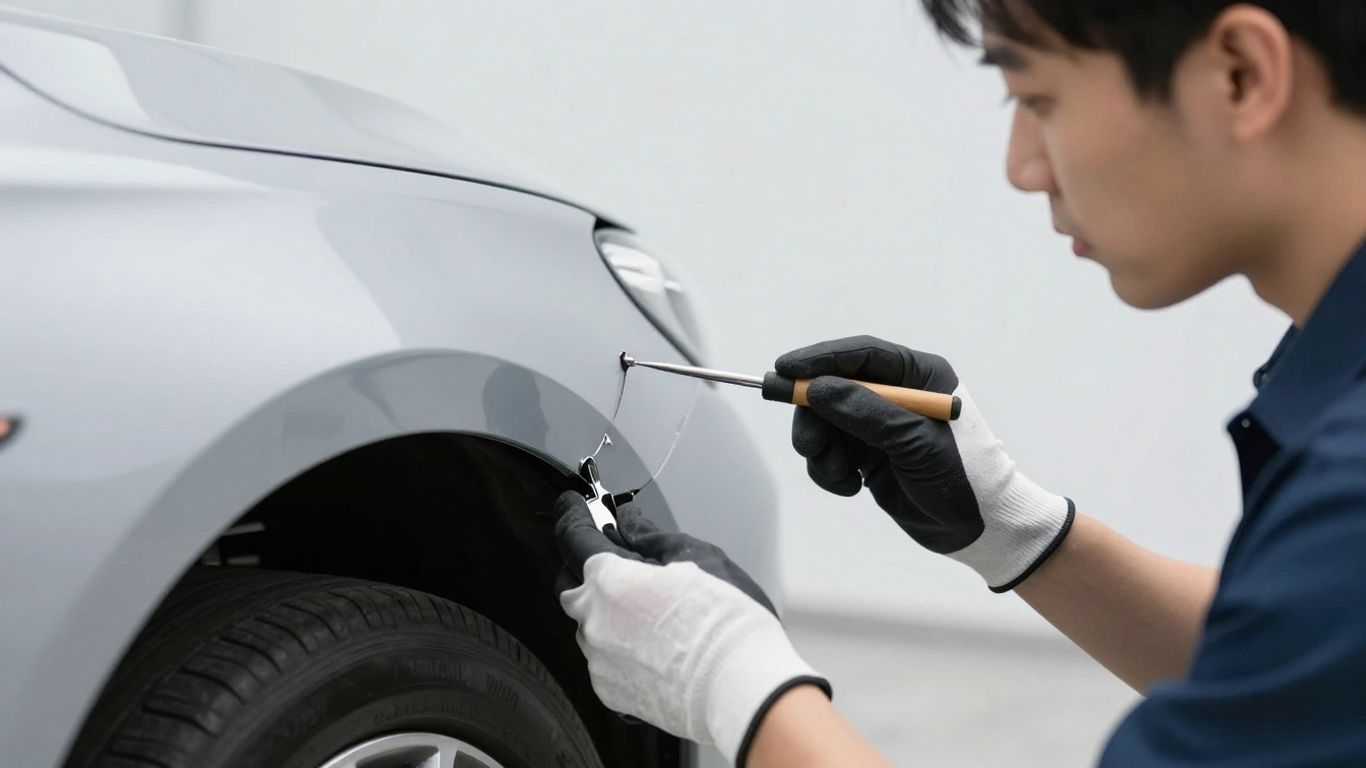 Kfz-Gutachter prüft Auto auf Dellen mit Werkzeug.