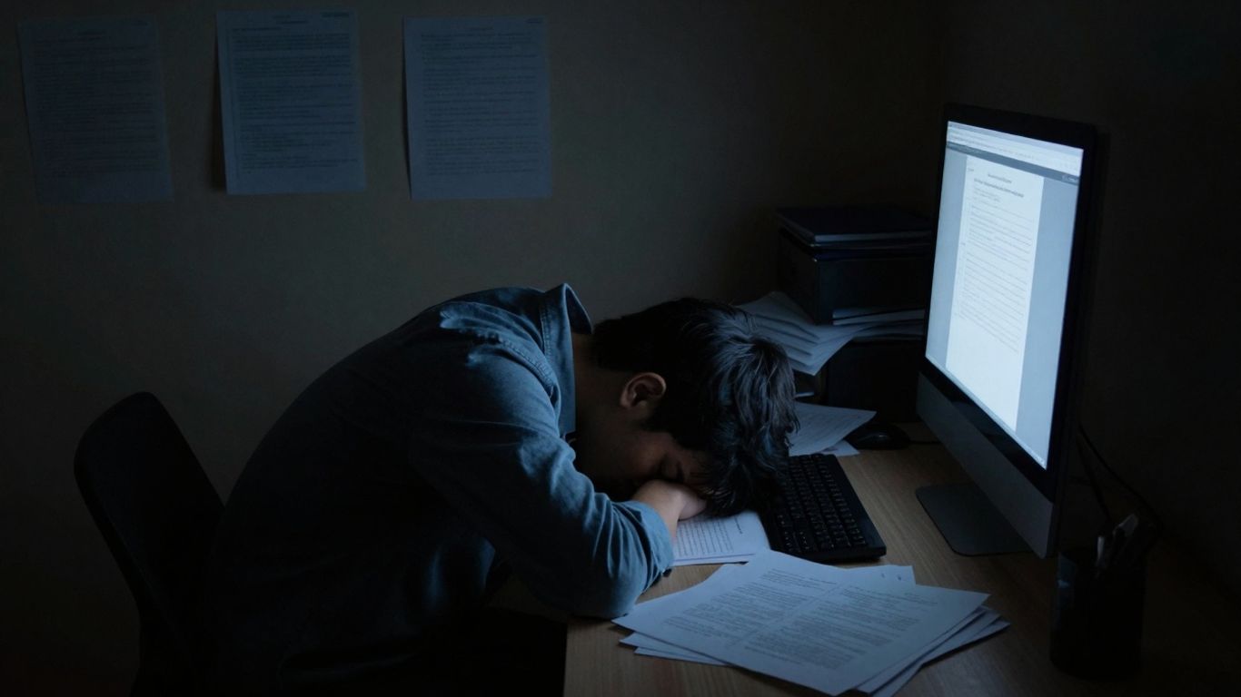 Om obosit la birou, copleșit de muncă.