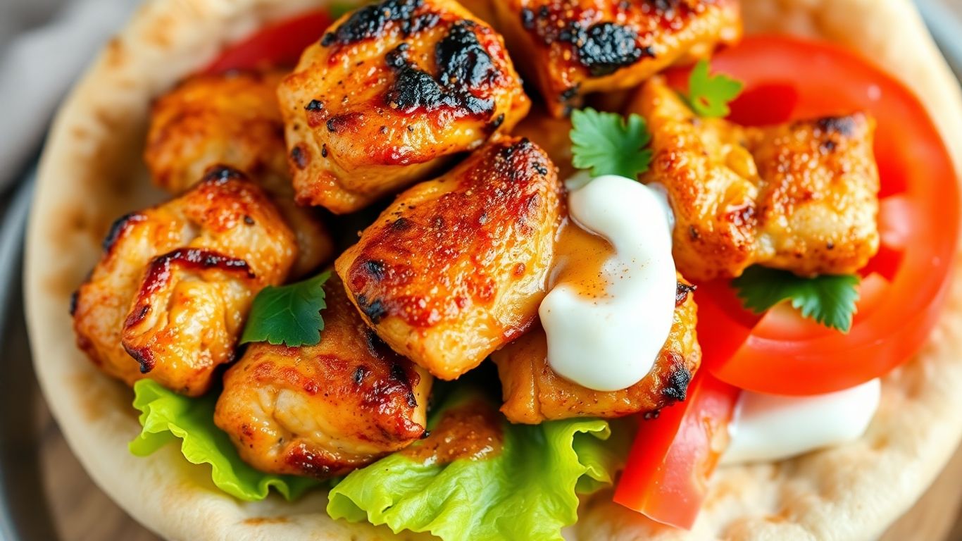 Greek chicken gyro with tzatziki and vegetables.