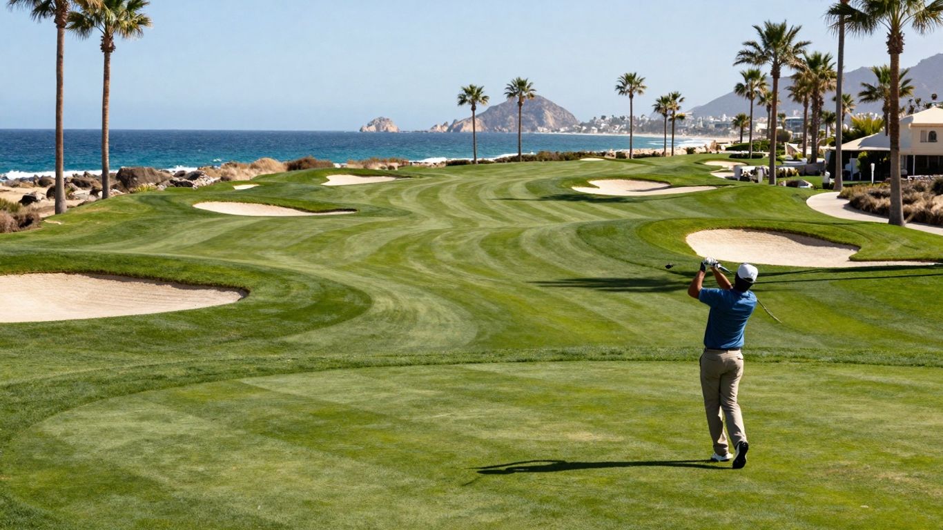 Beginner golfer on a scenic Cabo golf course.