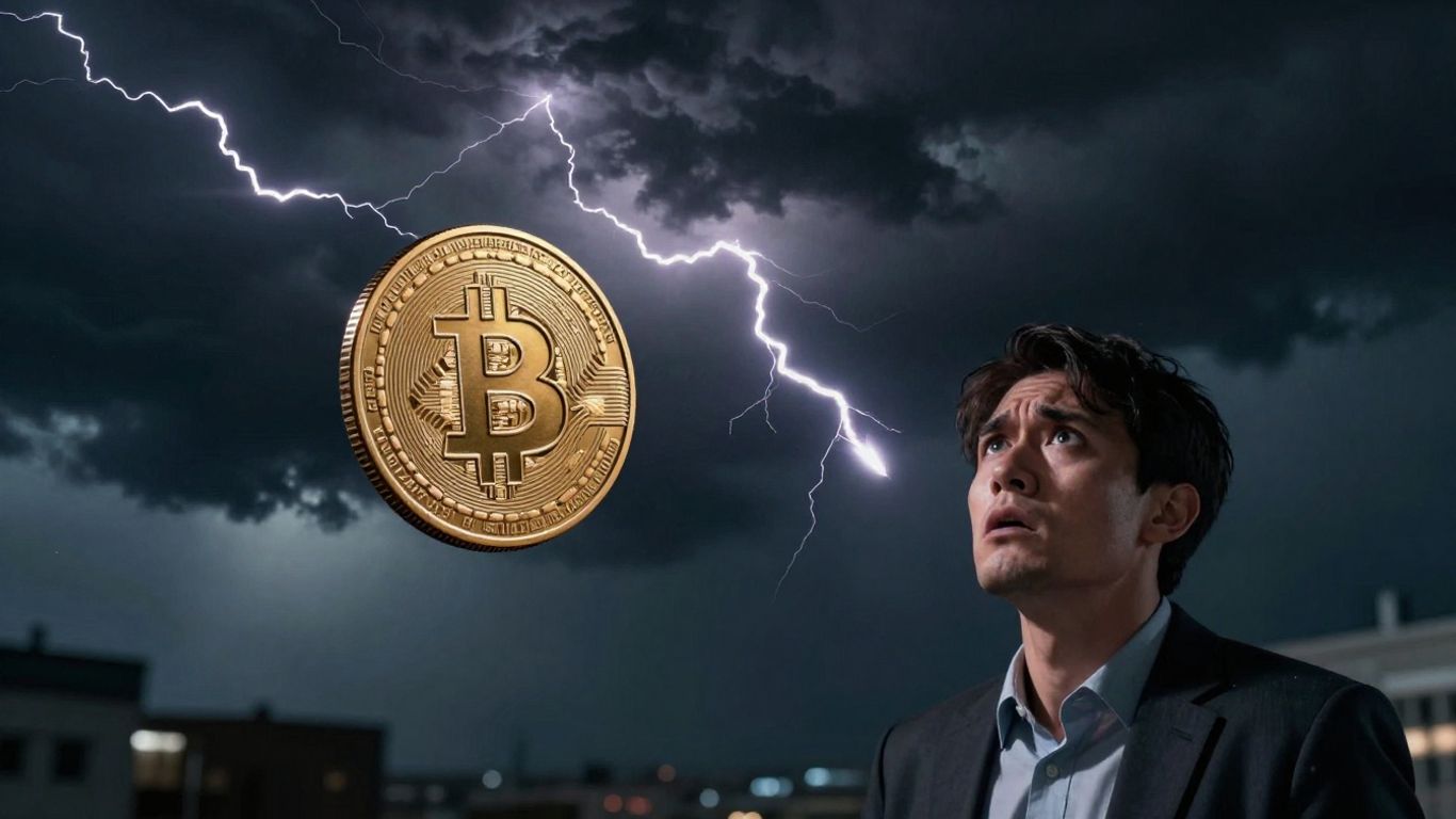 Bitcoin coin falling through stormy sky with investor below.