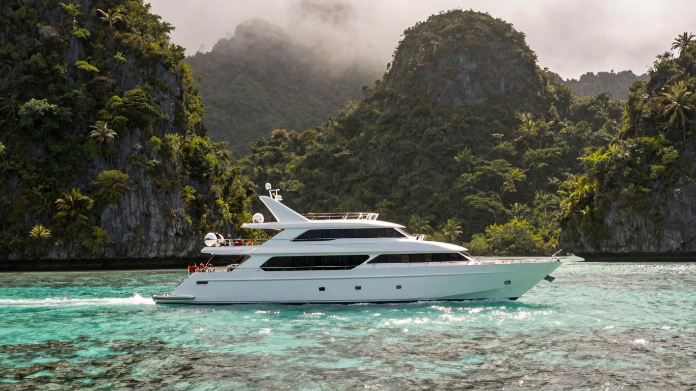 Luxury yacht sailing in Raja Ampat's clear turquoise waters.