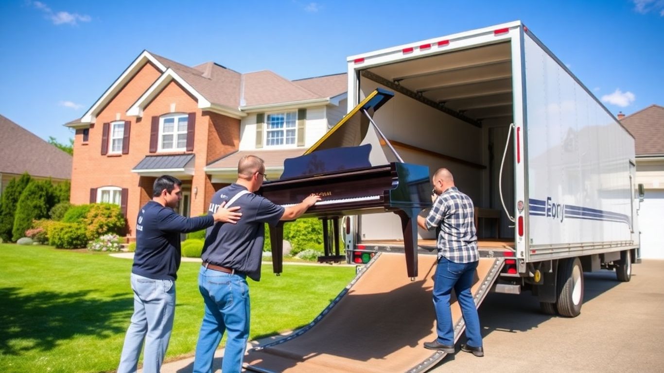 Movers lifting piano into truck outside New Jersey home