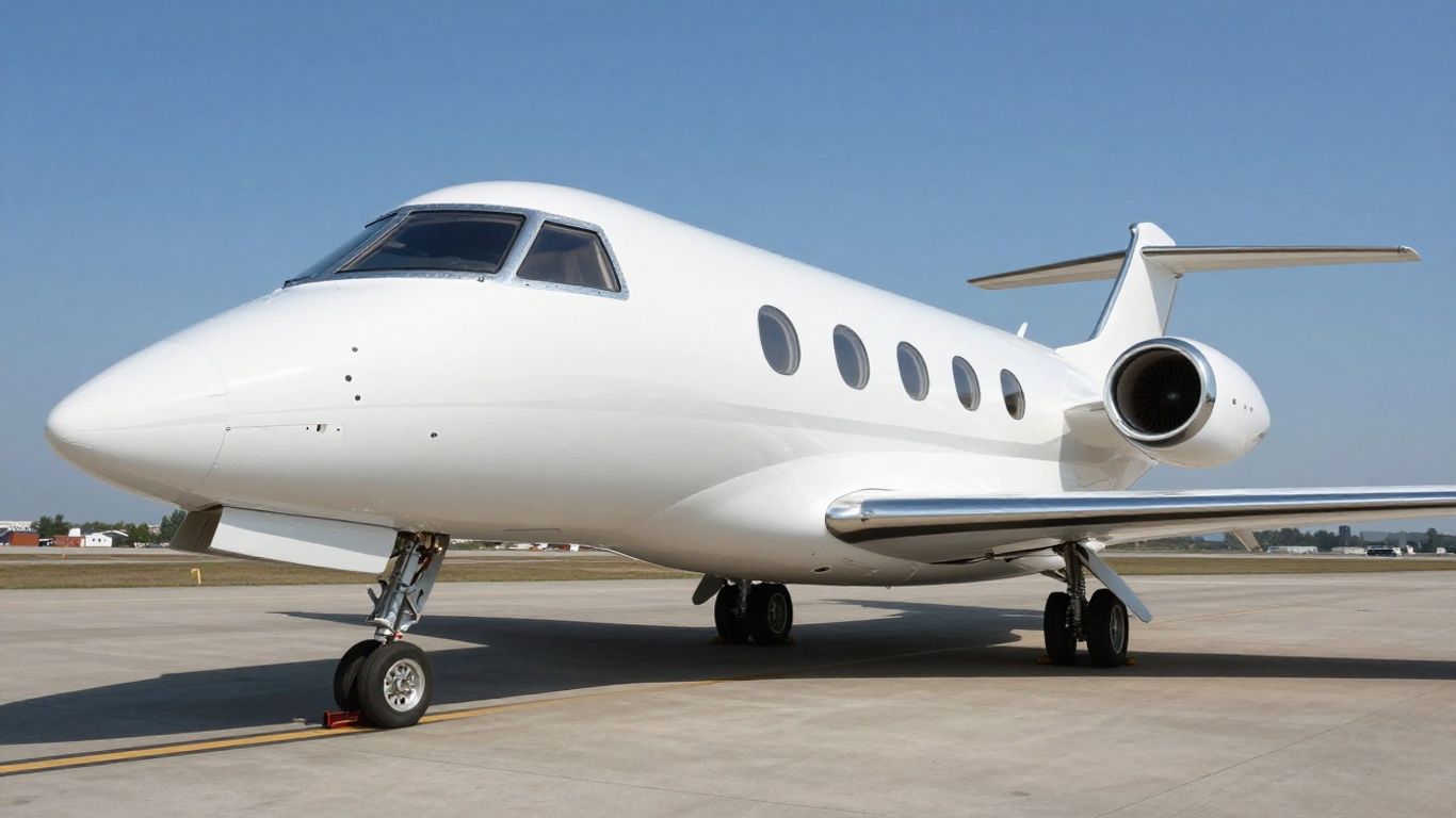 Boeing private jet on tarmac, luxury interior visible.